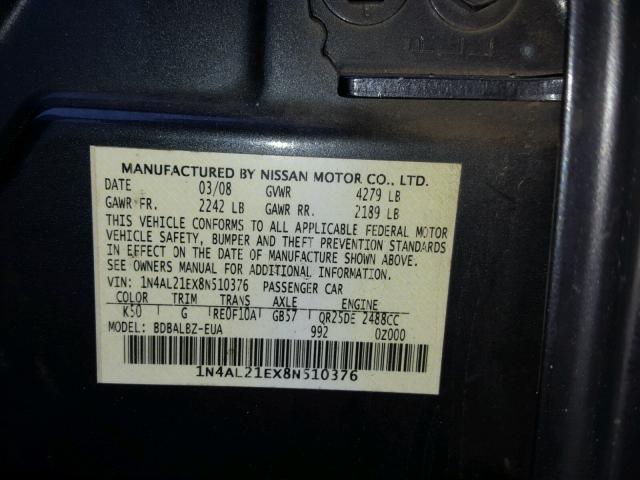 1N4AL21EX8N510376 - 2008 NISSAN ALTIMA 2.5 GRAY photo 10