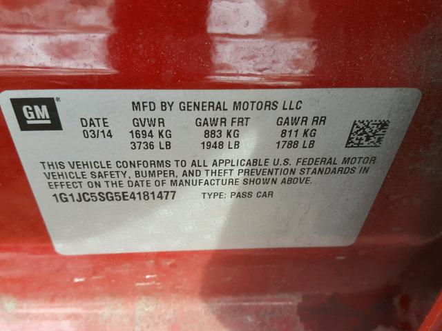 1G1JC5SG5E4181477 - 2014 CHEVROLET SONIC LT RED photo 10