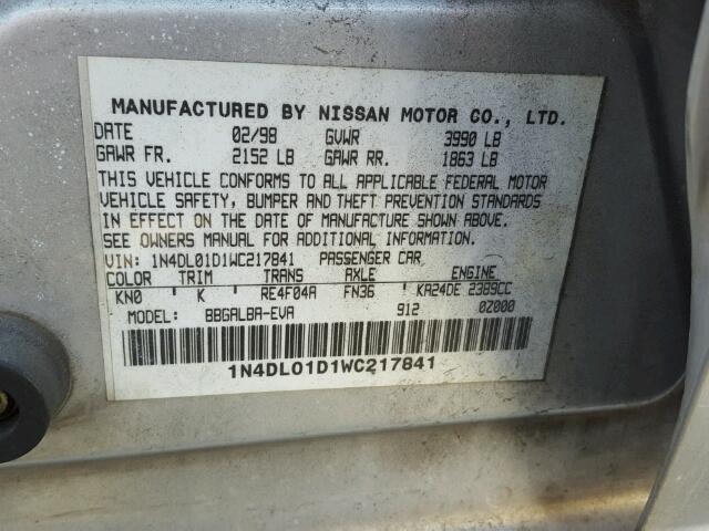 1N4DL01D1WC217841 - 1998 NISSAN ALTIMA XE SILVER photo 10
