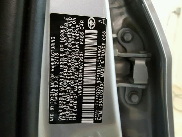 VNKKTUD39HA079337 - 2017 TOYOTA YARIS L SILVER photo 10