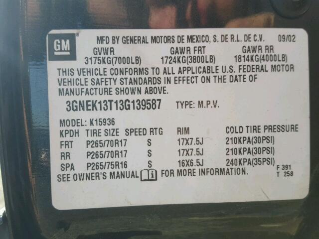 3GNEK13T13G139587 - 2003 CHEVROLET AVALANCHE GRAY photo 10