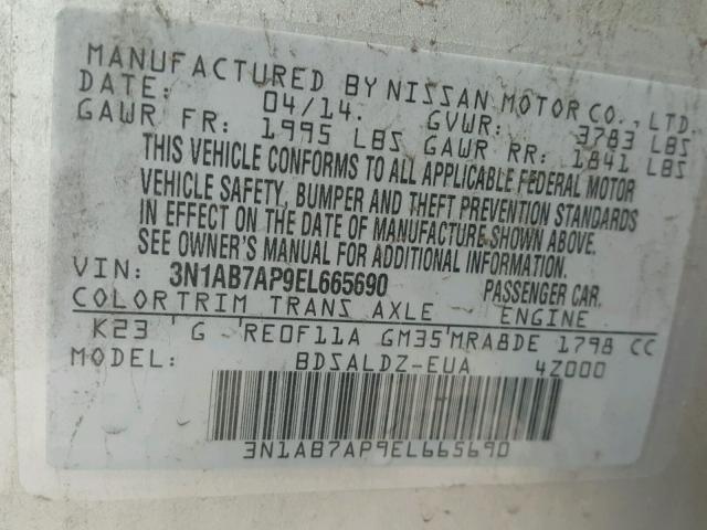 3N1AB7AP9EL665690 - 2014 NISSAN SENTRA S SILVER photo 10