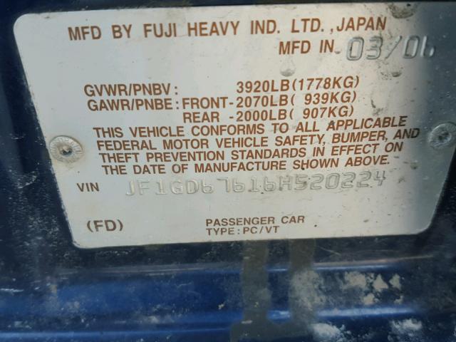 JF1GD67616H520224 - 2006 SUBARU IMPREZA 2. BLUE photo 10