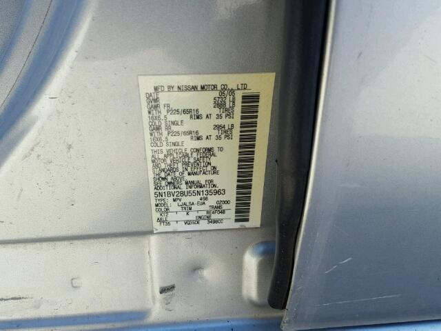 5N1BV28U55N135963 - 2005 NISSAN QUEST S SILVER photo 10