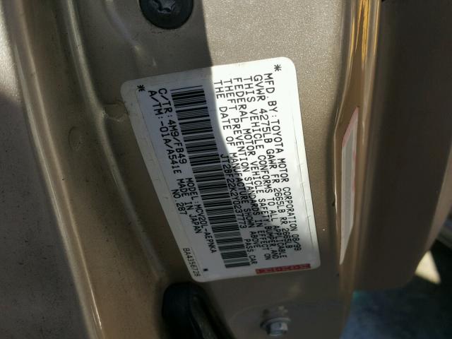 JT2BF22K2Y0237773 - 2000 TOYOTA CAMRY CE GOLD photo 10