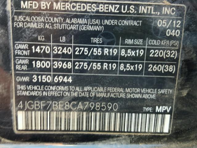 4JGBF7BE8CA798590 - 2012 MERCEDES-BENZ GL 450 4MA BLACK photo 10