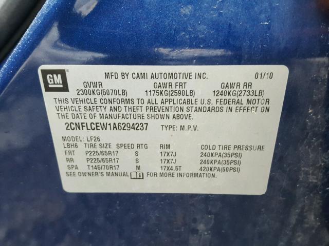 2CNFLCEW1A6294237 - 2010 CHEVROLET EQUINOX LS BLUE photo 10