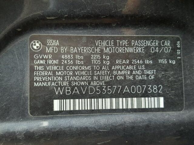 WBAVD53577A007382 - 2007 BMW 335 XI GRAY photo 10