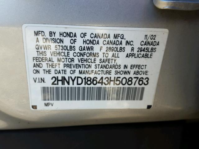 2HNYD18643H508763 - 2003 ACURA MDX TOURIN SILVER photo 10