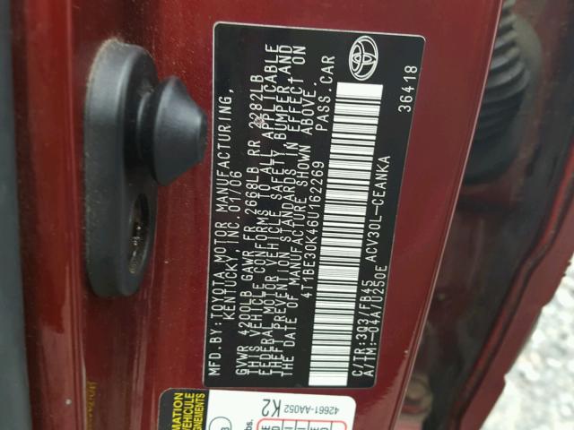 4T1BE30K46U162269 - 2006 TOYOTA CAMRY LE MAROON photo 10