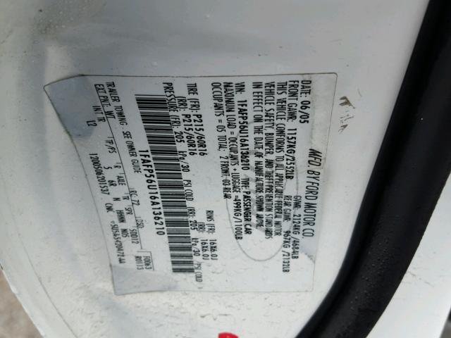 1FAFP56U16A136210 - 2006 FORD TAURUS SEL WHITE photo 10