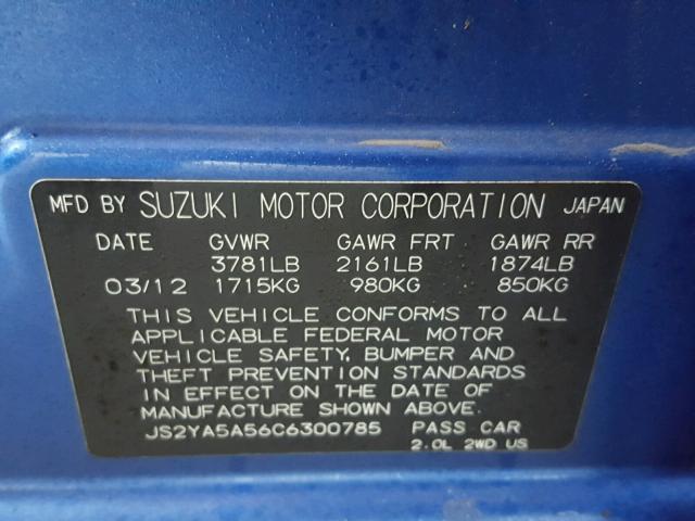 JS2YA5A56C6300785 - 2012 SUZUKI SX4 BASE BLUE photo 10