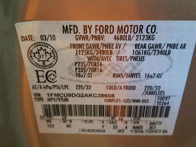 1FMCU9DG2AKC38608 - 2010 FORD ESCAPE XLT GOLD photo 10