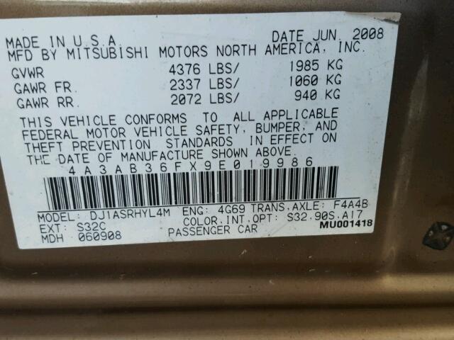 4A3AB36FX9E019986 - 2009 MITSUBISHI GALANT ES BROWN photo 10