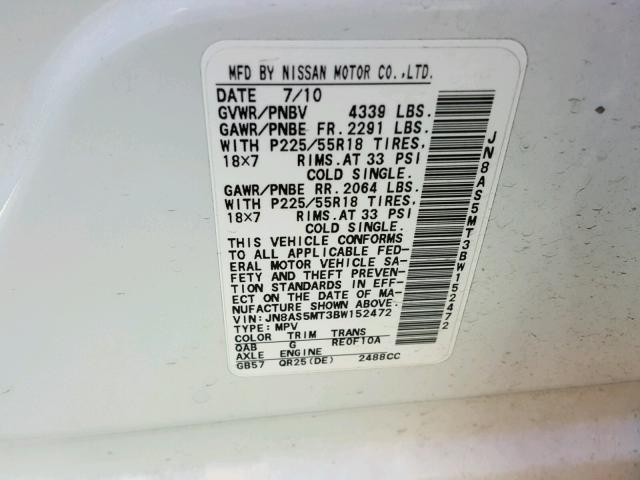 JN8AS5MT3BW152472 - 2011 NISSAN ROGUE S WHITE photo 10