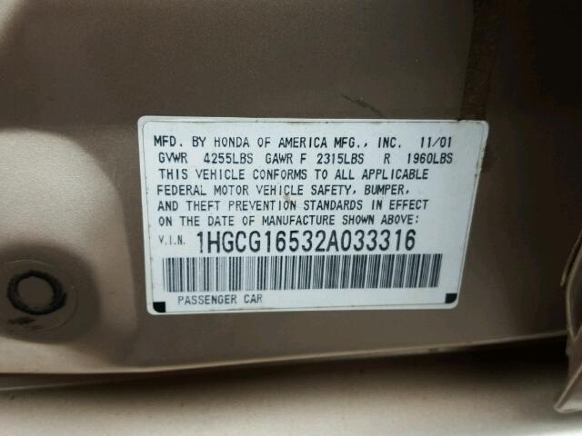 1HGCG16532A033316 - 2002 HONDA ACCORD EX TAN photo 10