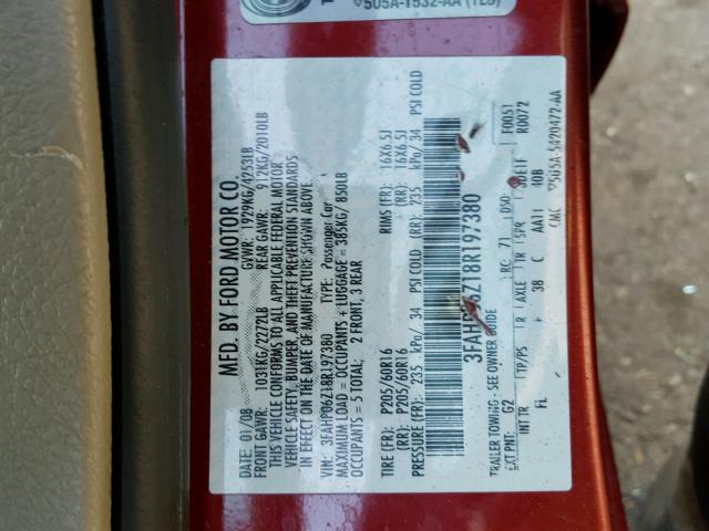 3FAHP06Z18R197380 - 2008 FORD FUSION S MAROON photo 10