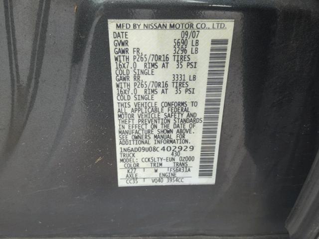 1N6AD09U08C402929 - 2008 NISSAN FRONTIER C GRAY photo 10