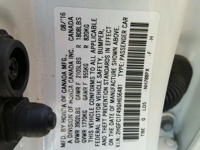 2HGFC1F49GH656481 - 2016 HONDA CIVIC EX თეთრი ფოტო 10