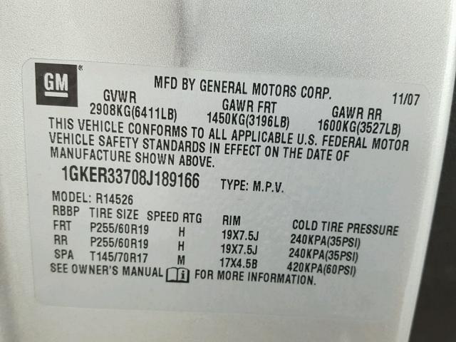 1GKER33708J189166 - 2008 GMC ACADIA SLT ვერცხლისფერი ფოტო 10