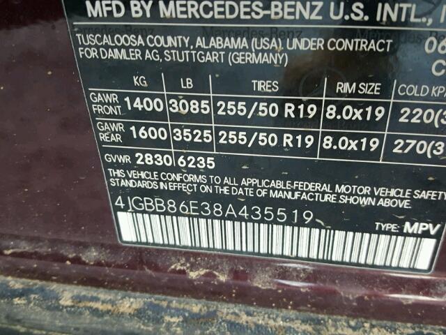 4JGBB86E38A435519 - 2008 MERCEDES-BENZ ML 350 BURGUNDY photo 10