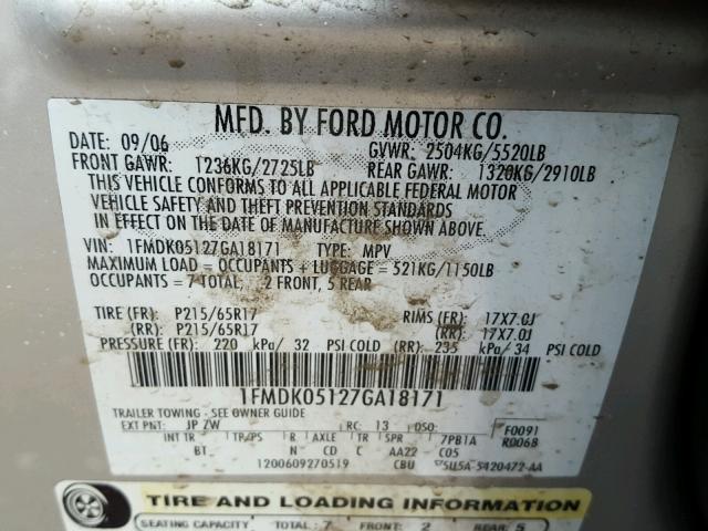 1FMDK05127GA18171 - 2007 FORD FREESTYLE GRAY photo 10