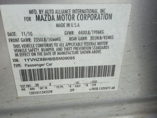 1YVHZ8BH6B5M09095 - 2011 MAZDA 6 I GRAY photo 10