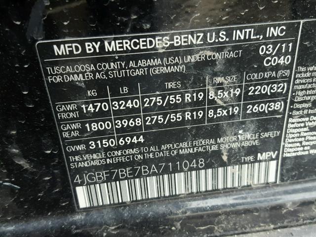 4JGBF7BE7BA711048 - 2011 MERCEDES-BENZ GL 450 4MA BLACK photo 10