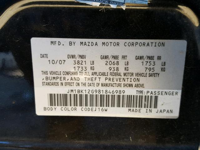 JM1BK12G981846989 - 2008 MAZDA 3 I GRAY photo 10