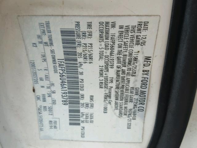 1FAFP56U46A193789 - 2006 FORD TAURUS SEL WHITE photo 10