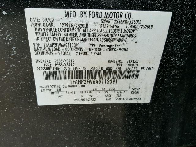 1FAHP2FW6AG113391 - 2010 FORD TAURUS LIM BLACK photo 10