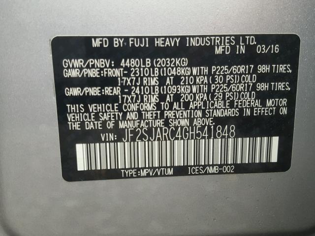 JF2SJARC4GH541848 - 2016 SUBARU FORESTER 2 SILVER photo 10