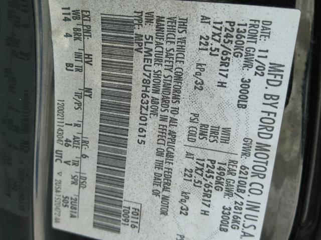 5LMEU78H63ZJ01615 - 2003 LINCOLN AVIATOR 黑色 照片 10