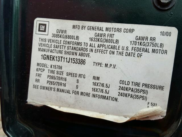 1GNEK13T11J153386 - 2001 CHEVROLET TAHOE K150 GREEN photo 10