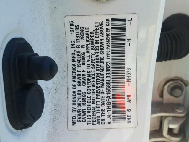 1HGFA16586L033823 - 2006 HONDA CIVIC LX WHITE photo 10