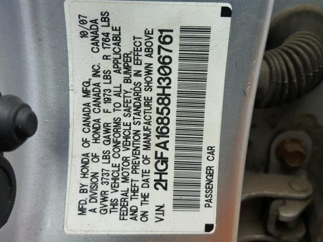 2HGFA16858H306761 - 2008 HONDA CIVIC EX SILVER photo 10