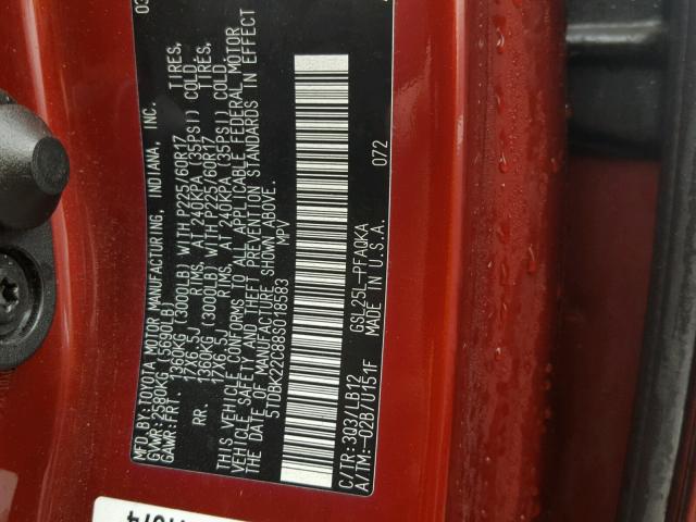 5TDBK22C88S018583 - 2008 TOYOTA SIENNA XLE RED photo 10