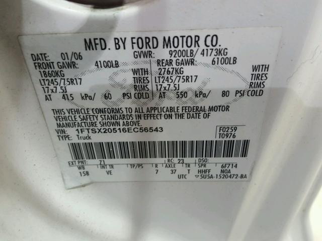 1FTSX20516EC56543 - 2006 FORD F250 SUPER WHITE photo 10