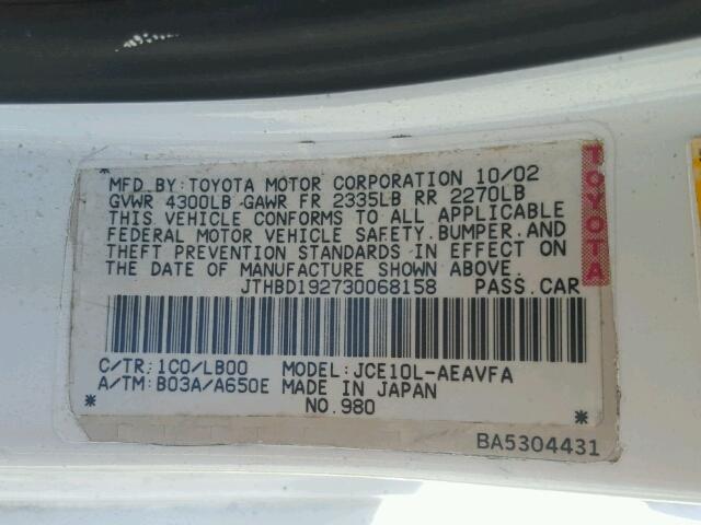 JTHBD192730068158 - 2003 LEXUS IS WHITE photo 10