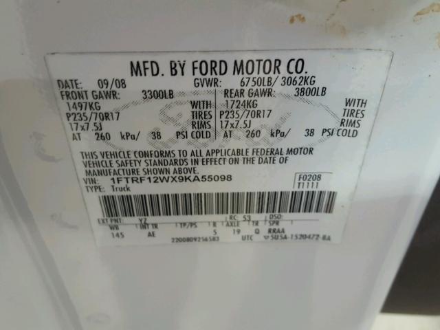 1FTRF12WX9KA55098 - 2009 FORD F150 WHITE photo 10