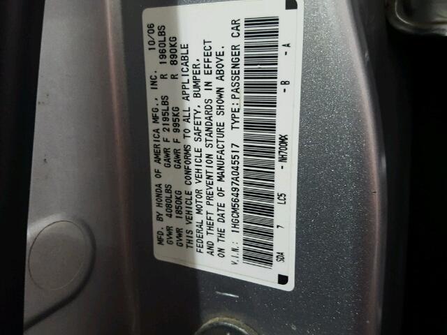 1HGCM56497A045517 - 2007 HONDA ACCORD LX SILVER photo 10