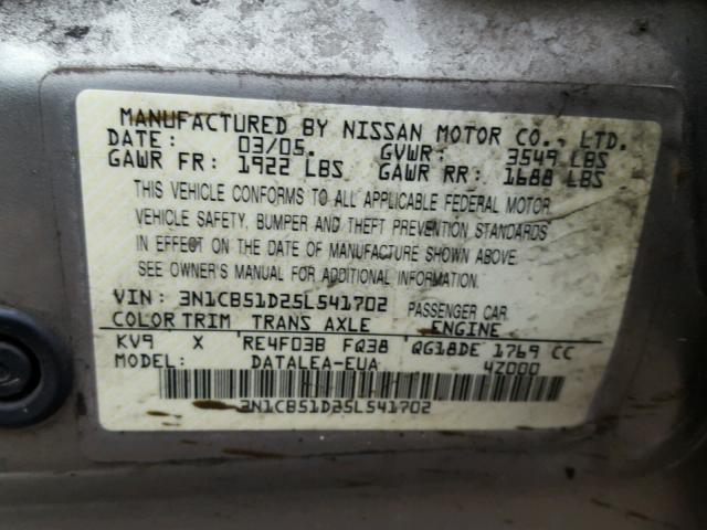 3N1CB51D25L541702 - 2005 NISSAN SENTRA 1.8 GRAY photo 10