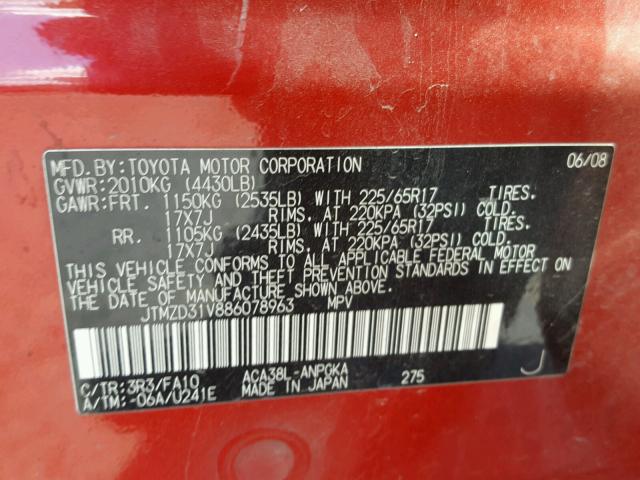 JTMZD31V886078963 - 2008 TOYOTA RAV4 LIMIT RED photo 10