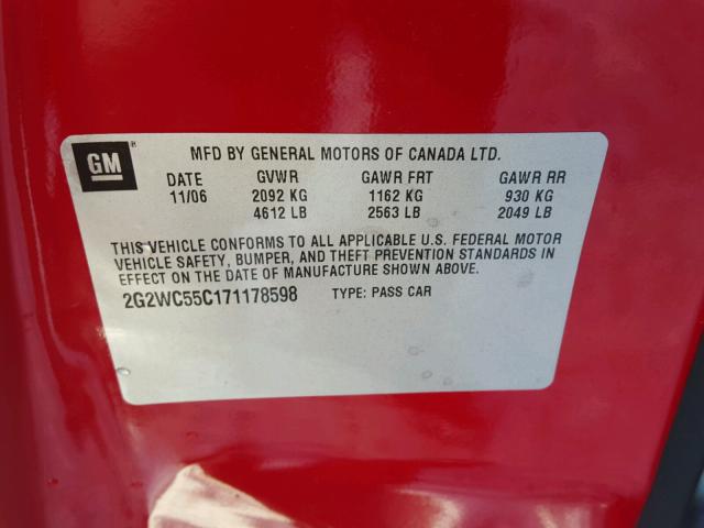 2G2WC55C171178598 - 2007 PONTIAC GRAND PRIX RED photo 10