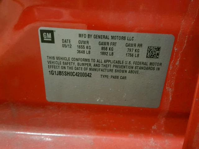 1G1JB5SH0C4200042 - 2012 CHEVROLET SONIC LS RED photo 10