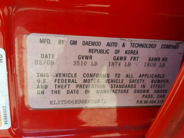 KL1TD56E99B656871 - 2009 CHEVROLET AVEO LS RED photo 10
