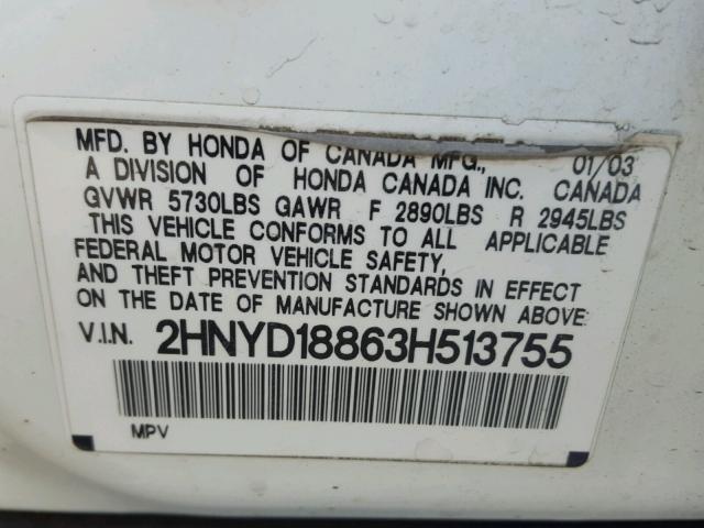 2HNYD18863H513755 - 2003 ACURA MDX TOURIN WHITE photo 10