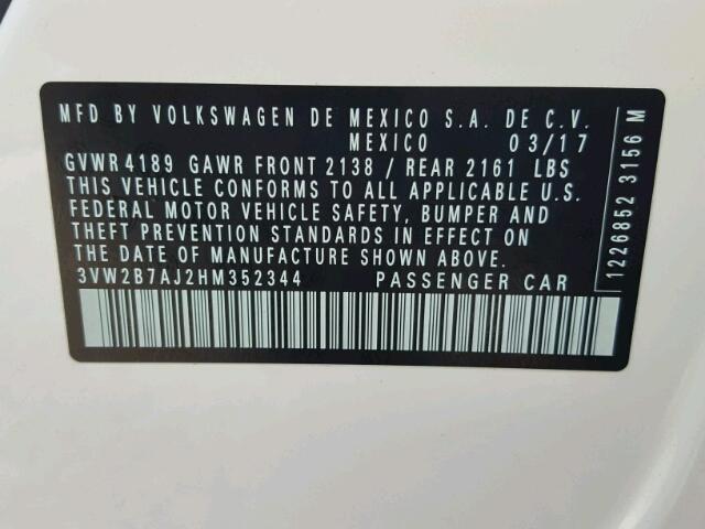 3VW2B7AJ2HM352344 - 2017 VOLKSWAGEN JETTA S 白色 照片 10