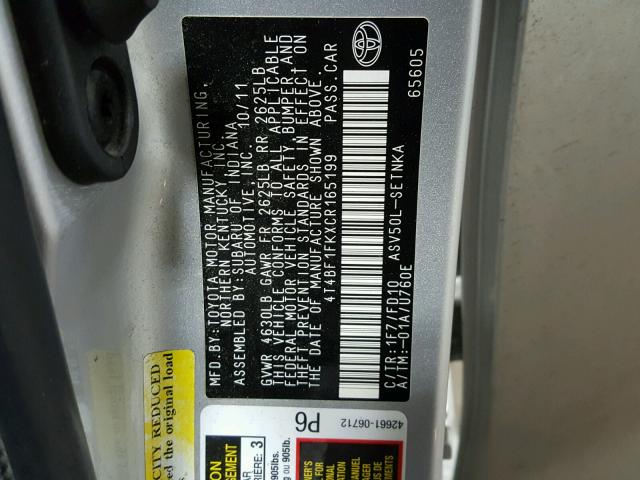 4T4BF1FKXCR165199 - 2012 TOYOTA CAMRY BASE SILVER photo 10