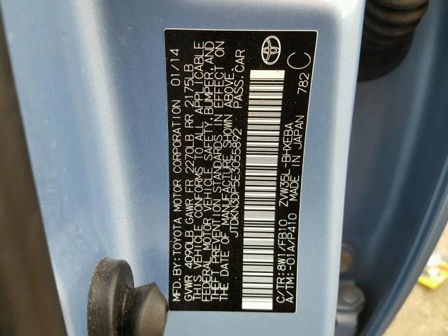 JTDKN3DP5E3055892 - 2014 TOYOTA PRIUS PLUG BLUE photo 10